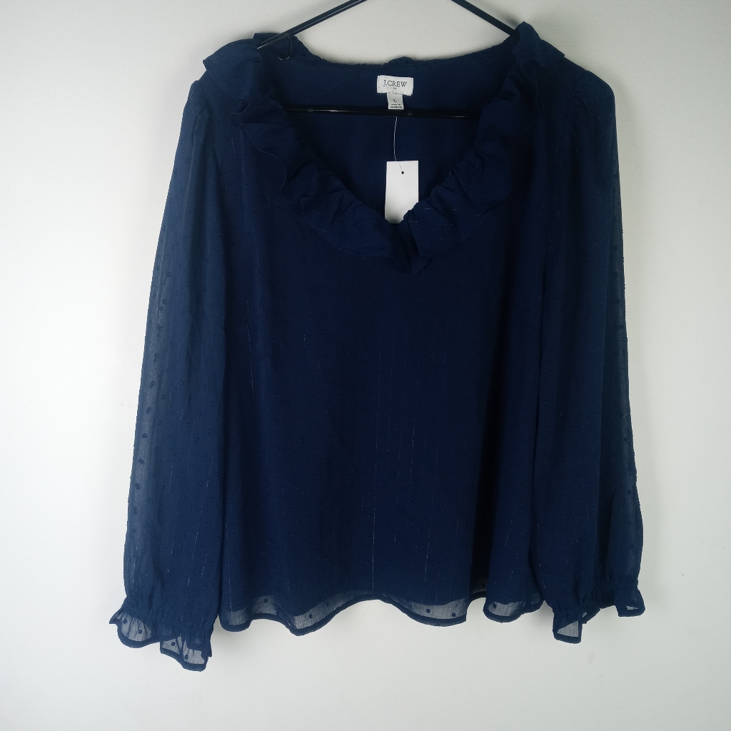 J. Crew Factory V-Neck Shimmery Clip-Dot Ruffleneck Top Size L
